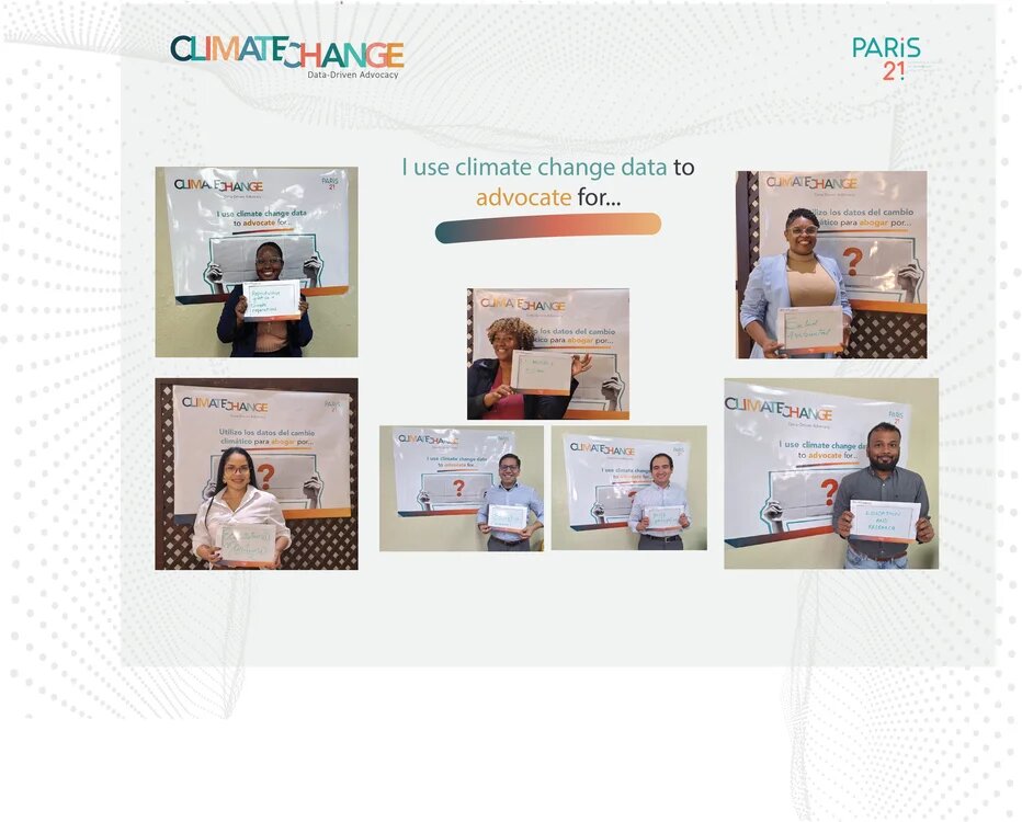 a collage of 6 photos showing participants holding up signs stating what the use climate change data to advocate for